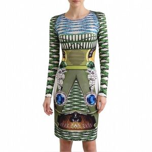 Mary Katrantzou Fall 2012 RTW Green Blue Print Long Sleeve Silk Dress XS